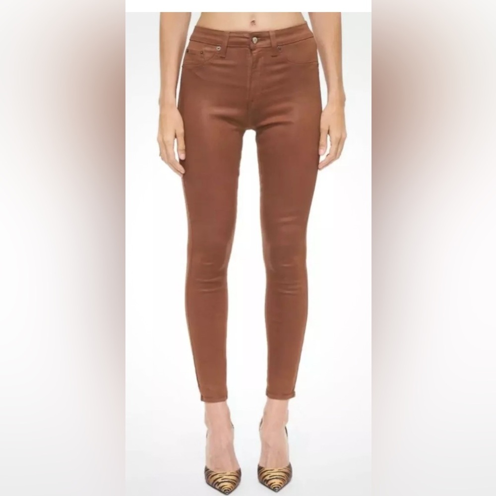 Woman PISTOLA Brown Saddle Aline High Rise Coated Skinny Jeans Pants Sz 27 EUC